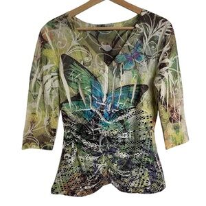 FANTAZIA Butterfly Mesh Top Green Abstract Ruched Fairycore Y2K - Medium